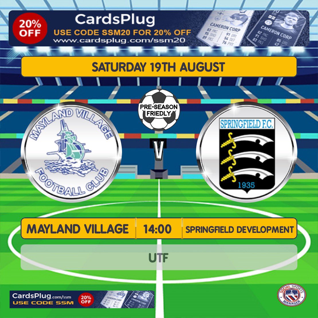 Springfield Development (@springfielddev1) on Twitter photo ⚽️MATCHDAY⚽️
Today we take the trip to <a href="/fc_mayland/">Mayland Village FC (Saturdays)</a>, for our seventh pre season friendly of this campaign.
Another fixture against opposition in a higher league will provide a strong test as we move ever close to the start of the season.
#UTF ⚽️MATCHDAY⚽️
Today we take the trip to <a href="/fc_mayland/">Mayland Village FC (Saturdays)</a>, for our seventh pre season friendly of this campaign.
Another fixture against opposition in a higher league will provide a strong test as we move ever close to the start of the season.
#UTF