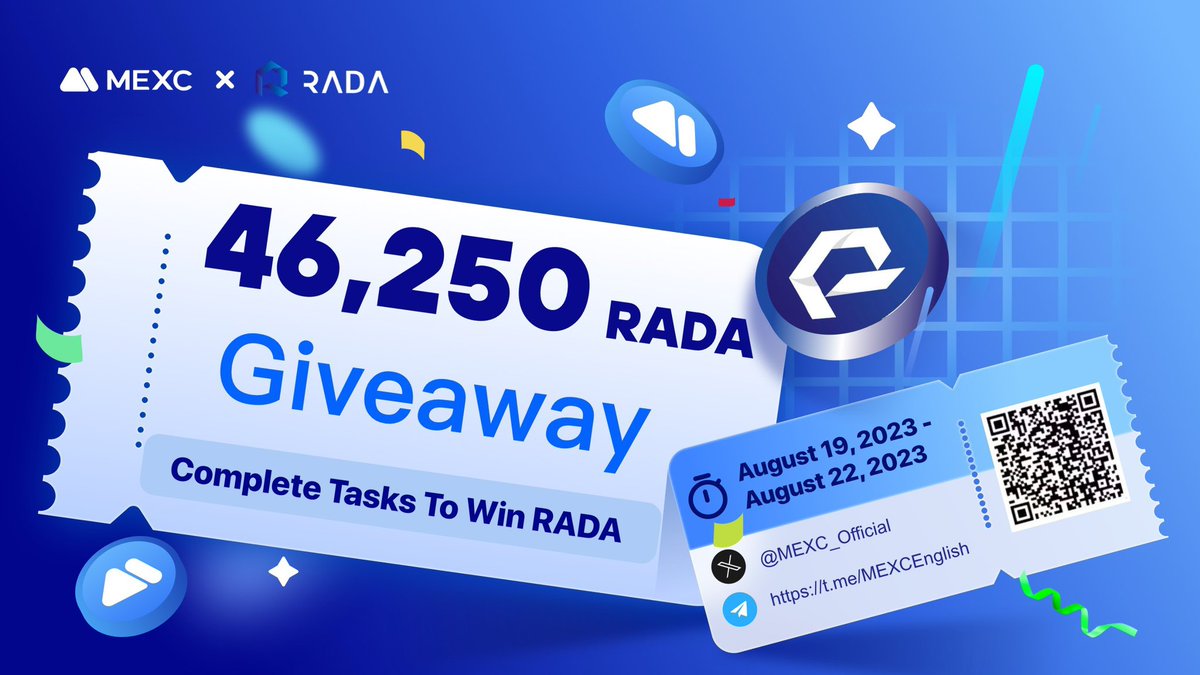 MEXC_Official's tweet image. #MEXC x @crypto_rada collab giveaway -  46,250 $RADA Lucky Draw!

To enter:   
🔹Follow @MEXC_Official &amp;amp; @crypto_rada 
🔹Complete the tasks: gleam.io/5oiuM/mexc-x-r…