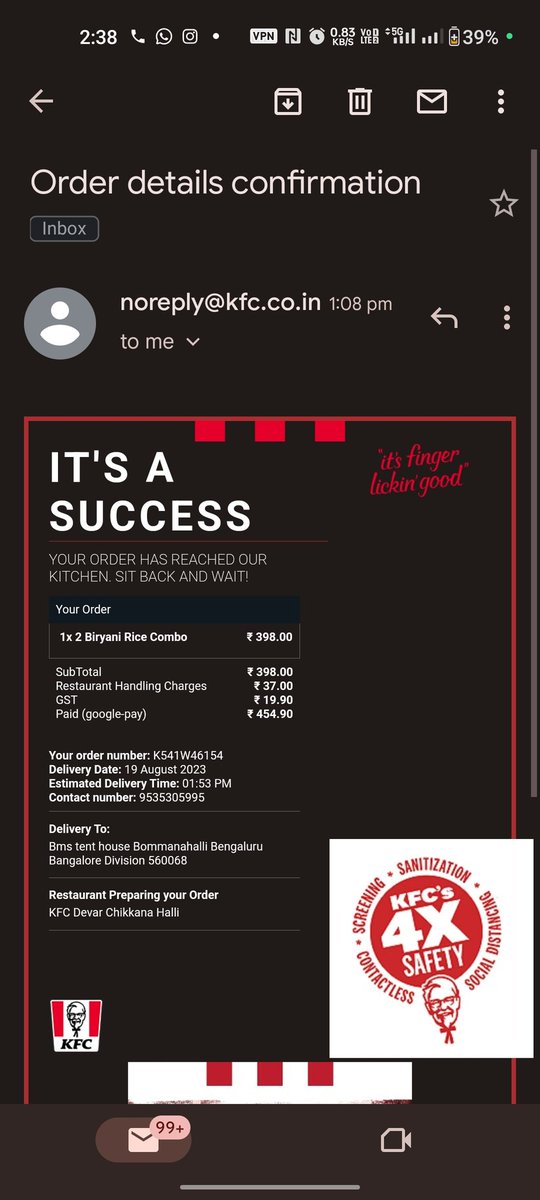 AremKiran's tweet photo. @KFC_India 
while giving the contact number I by mistake gave my mobile number last digit wrong And I am requesting to check the below order details and ask delivery agent to call to correct number 
Order details Please ask delevery agent to call to 9535305998 instead of 995 https://t.co/MkWxQ7Vpa3