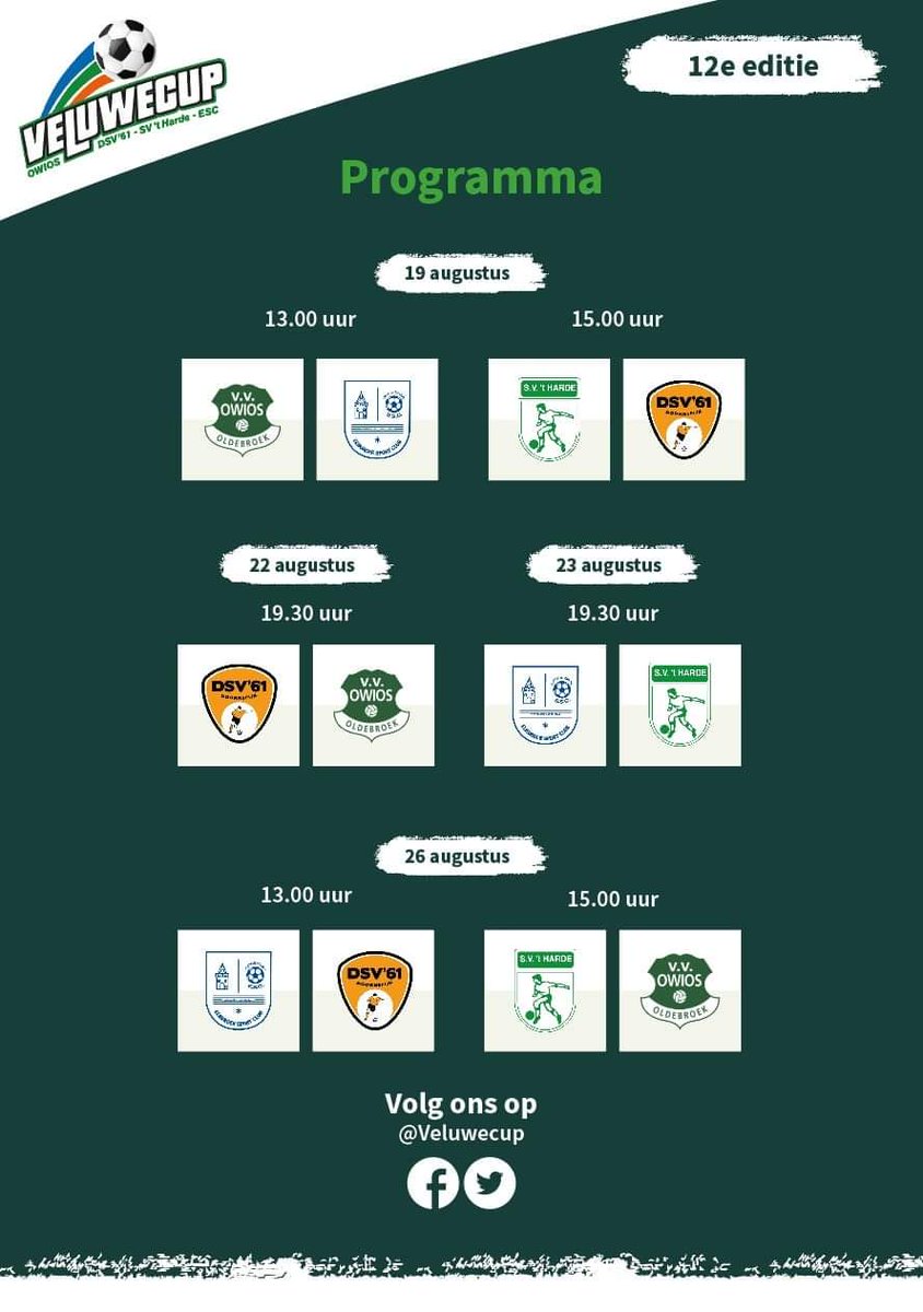 Startschot Veluwecup!

Vandaag wordt er afgetrapt voor de 12e editie van de Veluwecup! U bent van harte welkom op sportpark Bovenmolen te Oldebroek.
<a href="/OWIOS/">v.v. OWIOS Oldebroek</a> <a href="/elburger_sc/">Elburger SC</a> <a href="/dsv61/">DSV'61</a> <a href="/svtharde/">S.V. 't Harde</a>