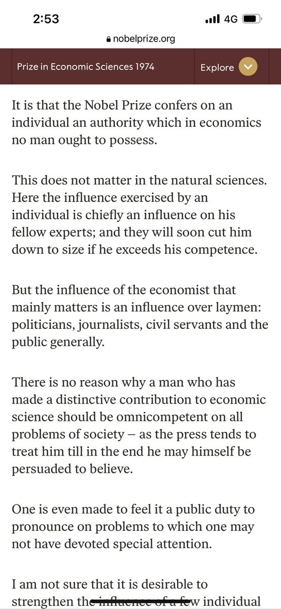 As an economist, once in a while, I remind myself of Hayek’s wise words nobelprize.org/prizes/economi…