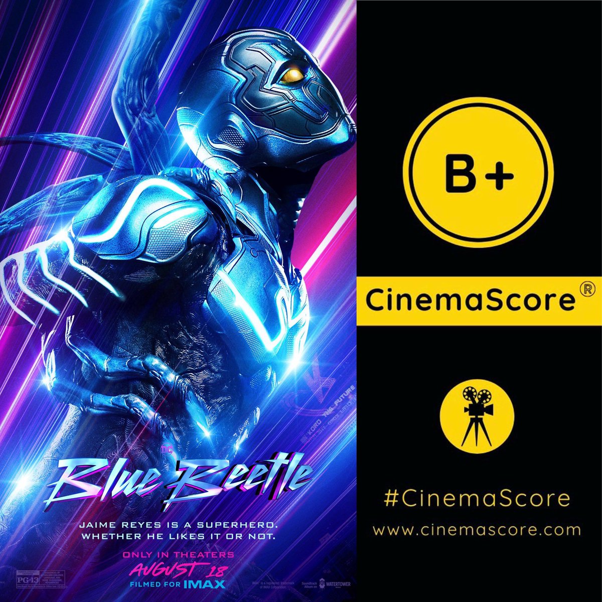 DiscussingFilm's tweet photo. ‘BLUE BEETLE’ debuts with B+ on CinemaScore.

Read our review: https://t.co/jhmbtSO1hH https://t.co/oaRFHzQTAC