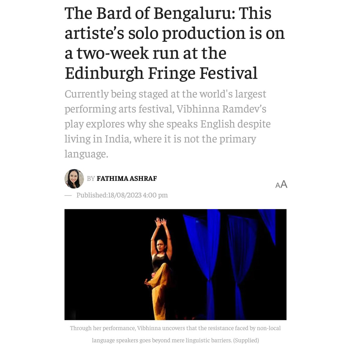 vibhinnaramdev's tweet photo. Thank you ‘The South First’ for a heartwarming article featuring my journey with ‘Why English’ at  Edinburgh Fringe! 🎭🌍

Why English?
5:40 pm
Last show on August 19th
@zoovenues

#edfringe #zooevents #whyenglish #fillyerboots #femifringe #edinburghfringe https://t.co/PkAFjh5pZv