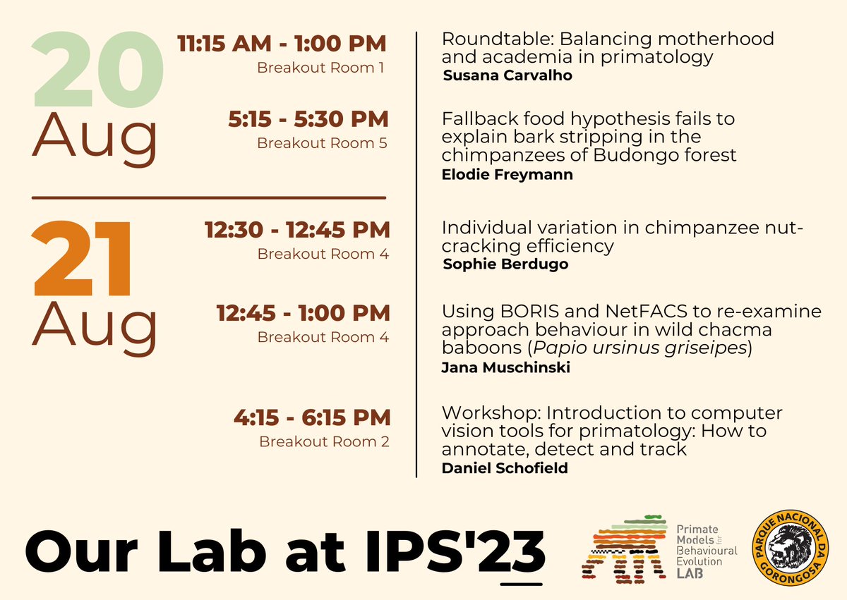 Our lab is at #IPSKuching! Keen to know more about our work? Check out this handy lab schedule thread. @IPS_PrimateNews 20 & 21 of August will feature @carvalhoprimate @ElodieFreymann @sophie_berdugo @JanaMuschinski & @Dan_schofield_ 1/3