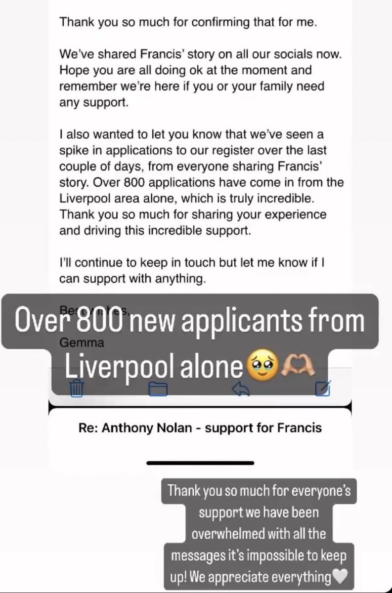 Feels like our city has taken a bit of an emotional kicking in the last two weeks😢. 
It’s amazing to see everyone sticking together again 💙❤️ Over 800 applications to join the <a href="/AnthonyNolan/">Anthony Nolan</a> stem cell register just from the Liverpool area in a couple of days is incredible ❤️💙