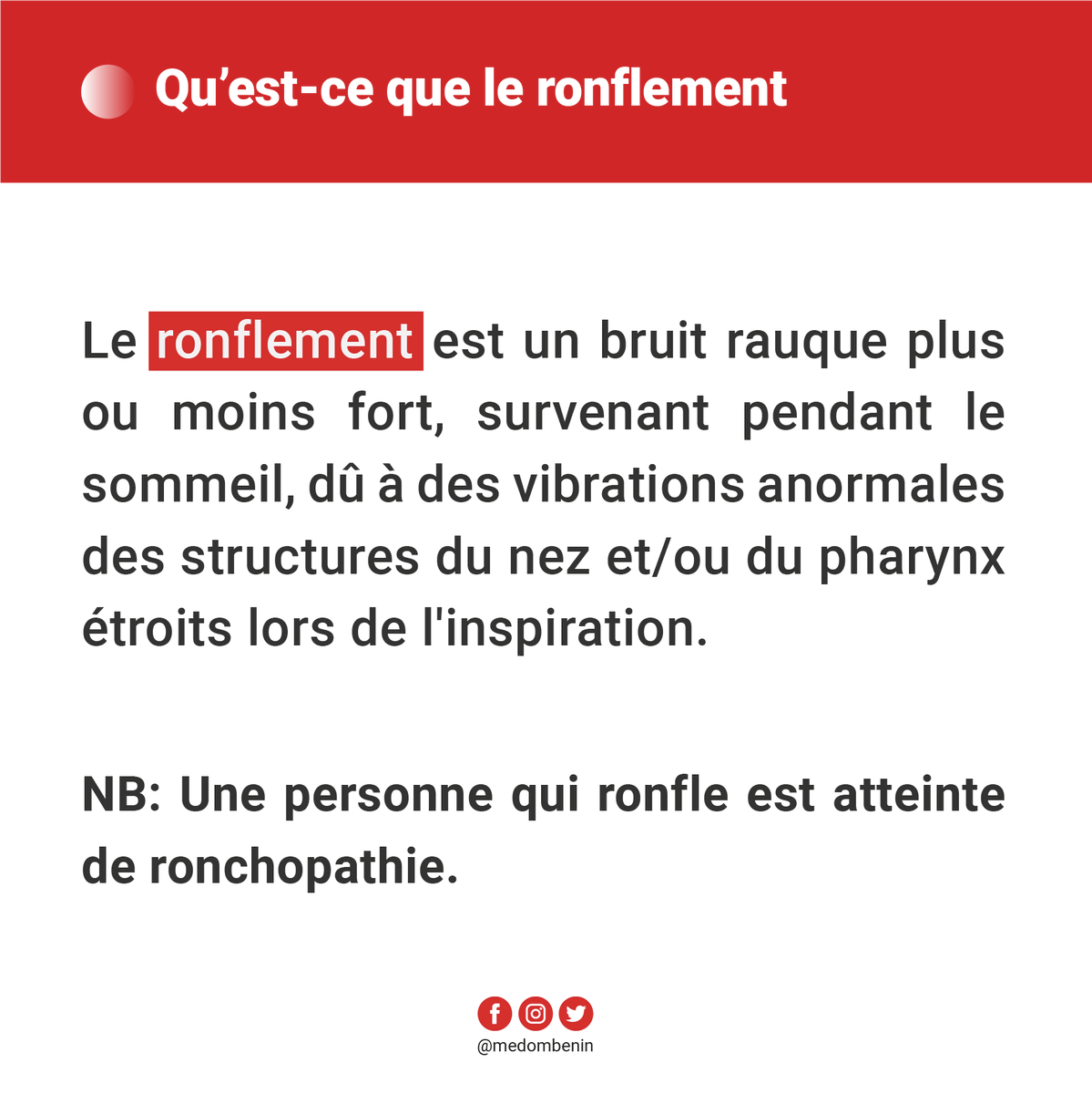 BeninMedom's tweet photo. Les ronflements (Partie 1) 
Votre conjoint.e se plaint du fait que vous ronflez chaque fois que vous dormez ? 

Votre enfant ronfle toujours au cours de son sommeil ? 

Ce n'est pas normal !! 

Qu'est ce que le ronflement? Quels en sont les mécanismes et les conséquences? https://t.co/NGF9RPKFnh