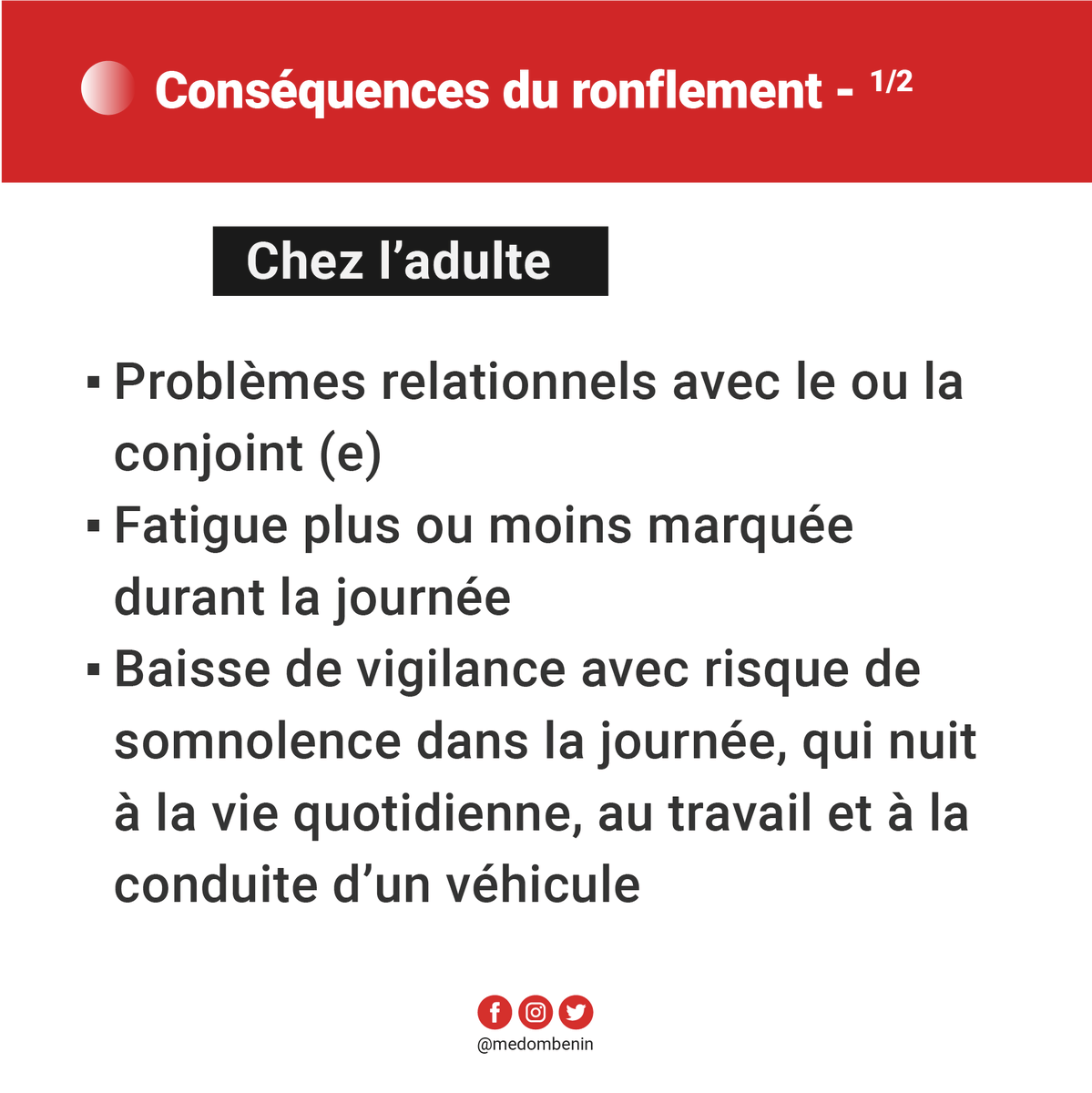 BeninMedom's tweet photo. Les ronflements (Partie 1) 
Votre conjoint.e se plaint du fait que vous ronflez chaque fois que vous dormez ? 

Votre enfant ronfle toujours au cours de son sommeil ? 

Ce n'est pas normal !! 

Qu'est ce que le ronflement? Quels en sont les mécanismes et les conséquences? https://t.co/NGF9RPKFnh