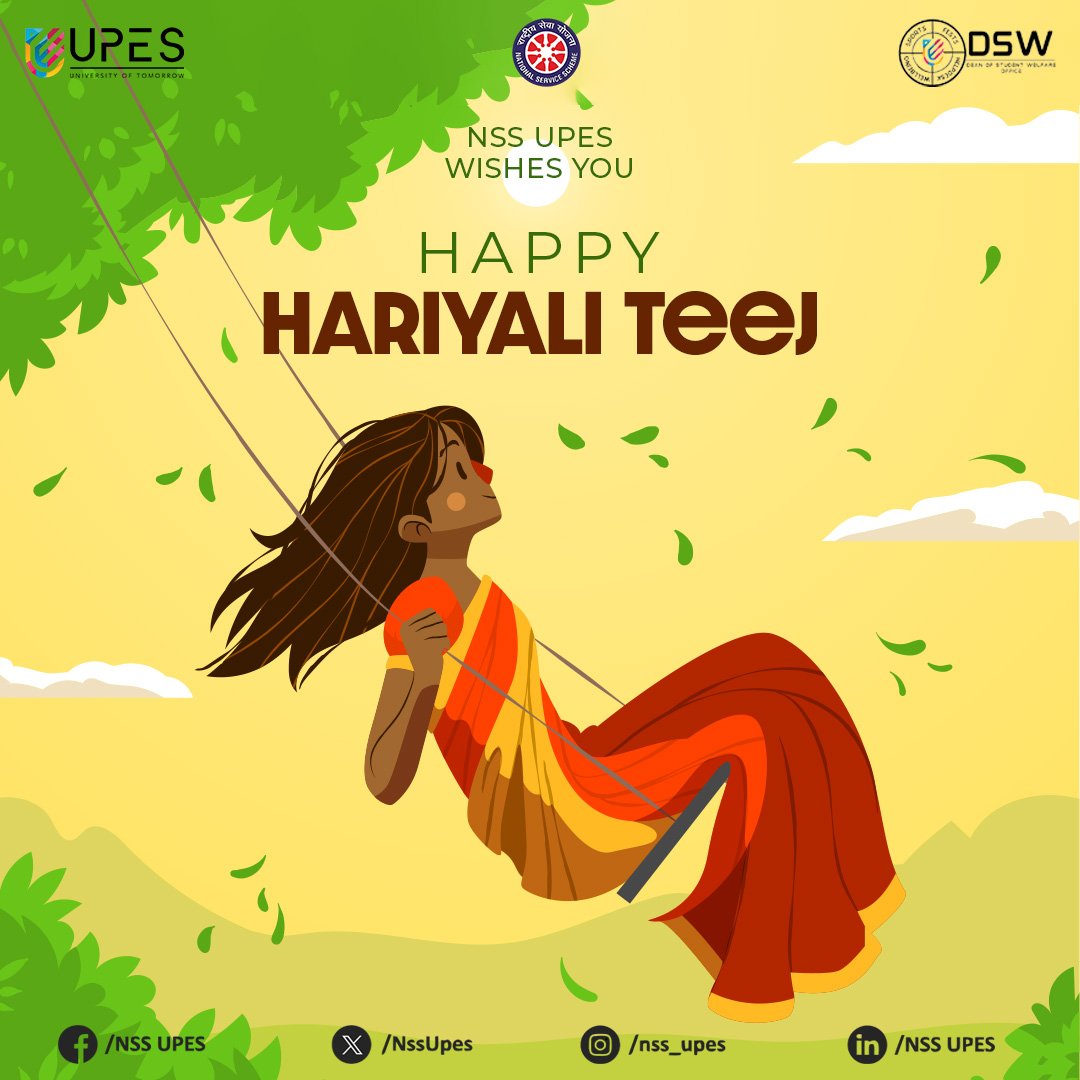 NssUpes's tweet photo. “न किञ्चिदपि कुर्वाणः सौख्यैर्दुःखान्यपोहति। तत्तस्य किमपि द्रव्यं यो हि यस्य प्रियो जनः”
NSS UPES wishes everyone a Happy Hariyali Teej. May the divine light of God spread into your life peace, prosperity, happiness, and good health.
#HariyaliTeej2023
#TeejFestival
#nssupes https://t.co/Iq4e0kwUrD