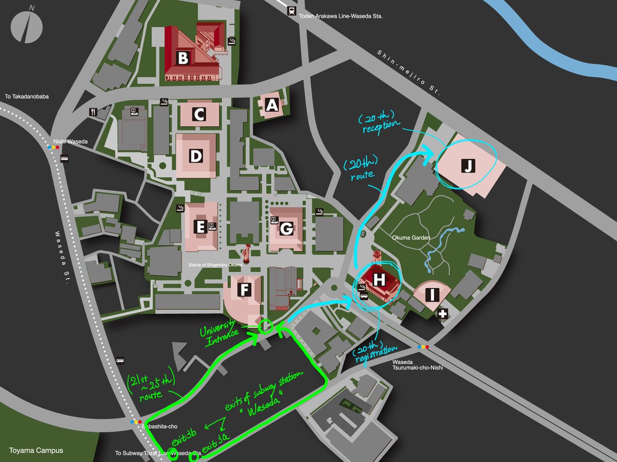 Paths/routes recommendation on the 20th, the 21st, and after!

For the reception on the 20th: Don't forget going the registration desk at "H" (Okuma Auditorium) before going to the reception venue since you need to bring your name tag there.
 #ICIAM2023 #ICIAM2023_committee