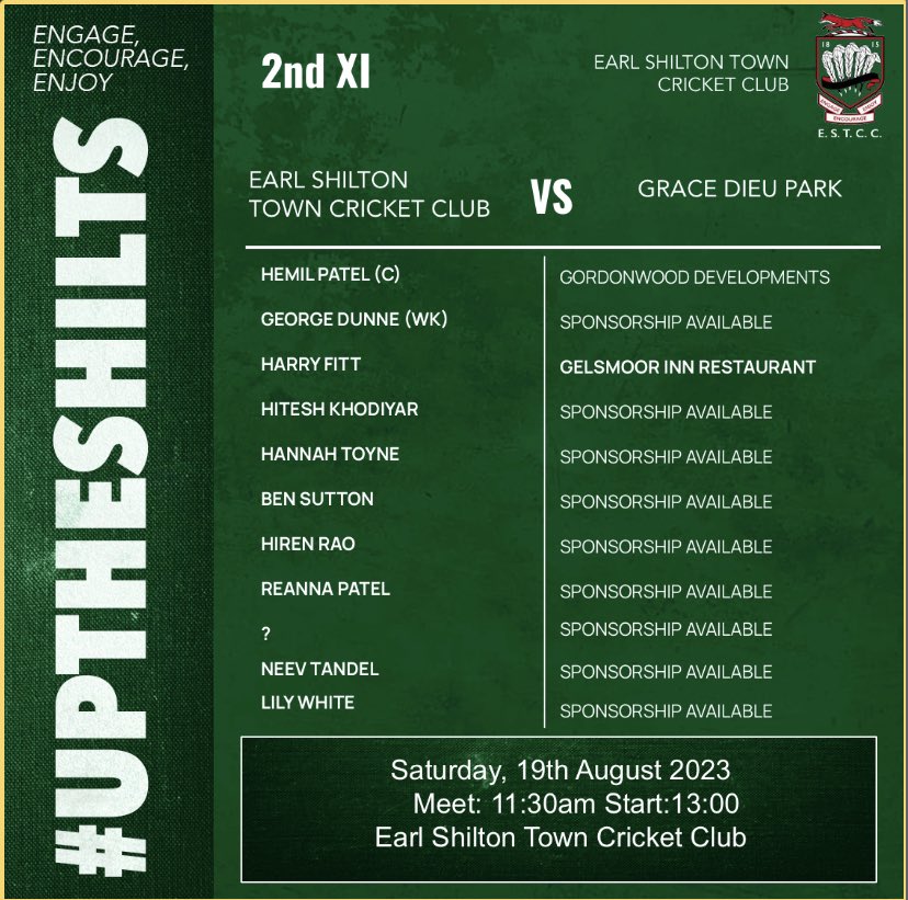 Earl Shilton Town CC (@earlshiltontown) on Twitter photo The 1st Team travel to <a href="/RatbyTownCC/">Ratby Town CC</a> while our 2nds are home to <a href="/GDPCC/">Grace Dieu Park CC</a>! Both sides looking to get back to winning ways!
Plenty of changes made to the sides! This week we’ve got two <a href="/leicswomenccc/">Leicestershire CCC Women 🦊</a> players in our 2nd team!
#ThisGirlCan #UpTheShilts #LCCCGirls The 1st Team travel to <a href="/RatbyTownCC/">Ratby Town CC</a> while our 2nds are home to <a href="/GDPCC/">Grace Dieu Park CC</a>! Both sides looking to get back to winning ways!
Plenty of changes made to the sides! This week we’ve got two <a href="/leicswomenccc/">Leicestershire CCC Women 🦊</a> players in our 2nd team!
#ThisGirlCan #UpTheShilts #LCCCGirls