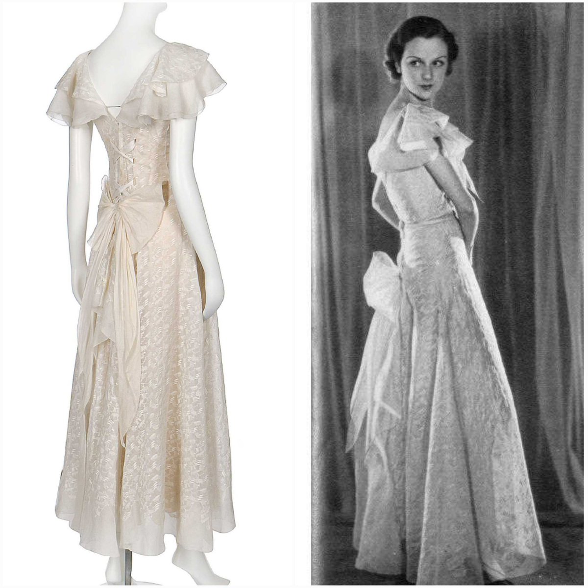 Fashion designer Gabrielle Bonheur "Coco" Chanel was born #OnThisDay in 1883. She designed this Model '235' embroidered organdie evening gown for her S/S 1933 collection. It fastens at the back with criss-cross organdie lacing, culminating in a bow <a href="/KerryTaylorAuct/">KerryTaylorAuctions</a> #CHANEL #dress