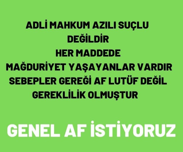 AF İSTİYORUZ
#GenelAf

Vatana İhanet Etmedik Azılı Suçlular Hiç DeğilizSadece Bir Anlık HATA Sonucu Mahkum Olmuş Kader Mahkumlarına Mazlumlara AF İSTIYORUZ AYLARDIR Mağduruz Diye Haykırıyoruz Duyun Sesimizi Artık Bizde İnsanız VİCDANİ Bir 💯 YIL AFFI GENEL AF ÇIKSIN İStiyoruz