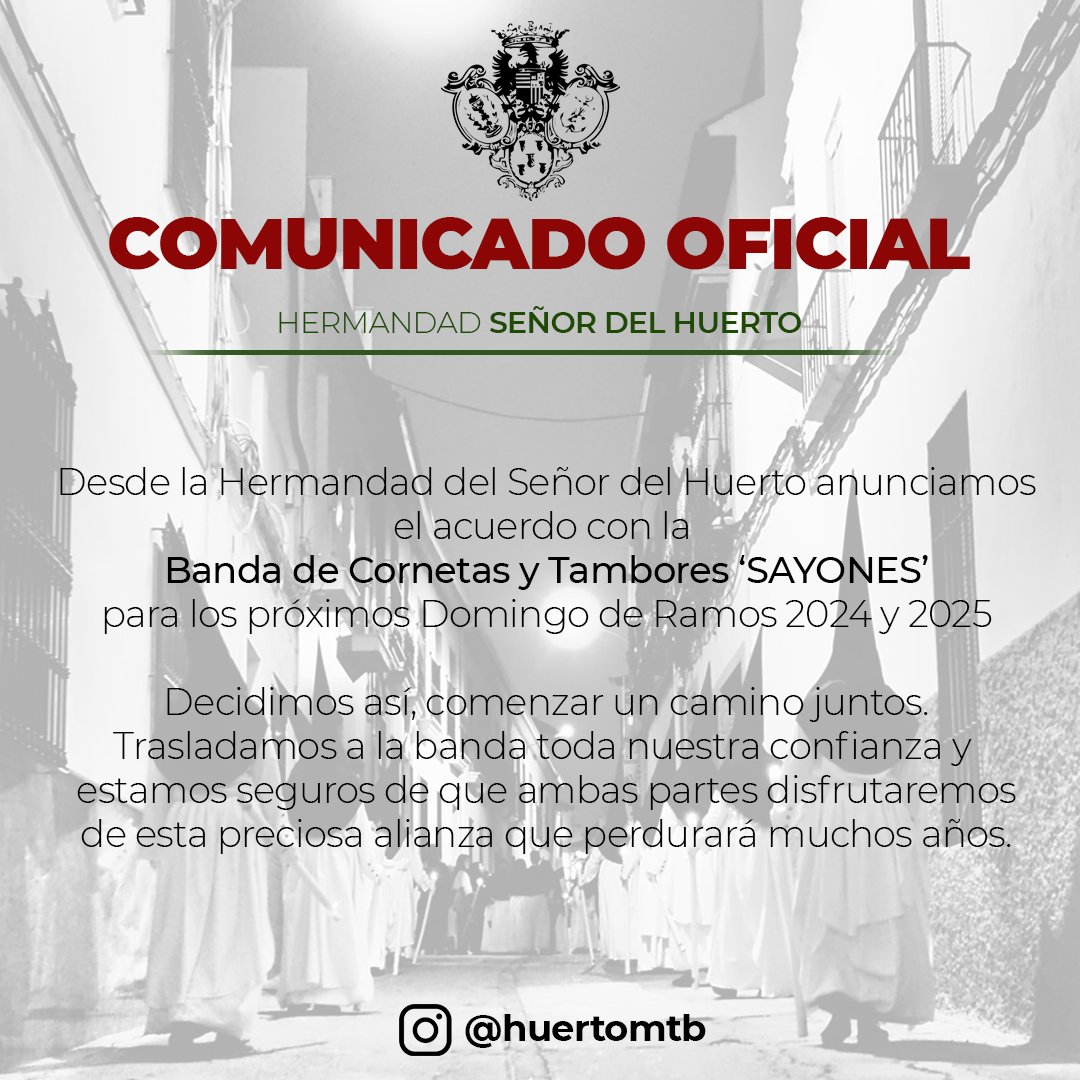 𝐂𝐎𝐌𝐔𝐍𝐈𝐂𝐀𝐃𝐎 𝐎𝐅𝐈𝐂𝐈𝐀𝐋|

<a href="/BandaSayones/">SAYONES</a> para el Señor del Huerto los próximos Domingo de Ramos 2024 y 2025.