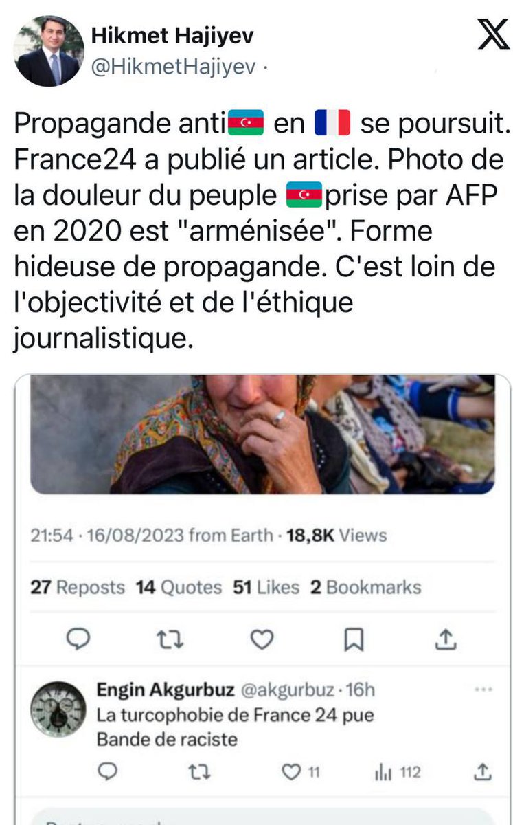 ikisahilnews's tweet photo. 🇦🇿 #Azərbaycan Prezidentinin köməkçisi #HikmətHacıyev “France24”ə #cavab verib: 
💬 Fransanın anti-Azərbaycan təbliğatı davam edir. Fransanın “France24” məqaləsində azərbaycanlı qadının 2020-ci ildə çəkilən fotosu “erməniləşdirilib”. Bu, təbliğatın #iyrənc formasıdır. https://t.co/NvSBjCobJU