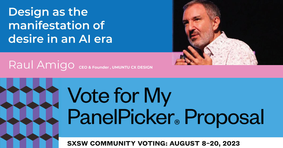 Don't miss your chance to vote for <a href="/raulamigo/">Raúl Amigo 🇦🇷🇮🇹🇺🇸</a>'s presentation at <a href="/sxsw/">SXSW</a> ,where he delves into 'Design as the manifestation of desire in an AI era.' As the CEO of <a href="/UMUNTUCX/">UMUNTU CX DESIGN</a> will unveil how AI can enhance our experiences while upholding ethics and inclusivity.
panelpicker.sxsw.com/vote/142389