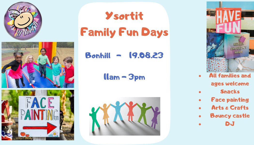 🤩🤩BONHILL FUN DAY🤩🤩
Looking forward to seeing all our young people and families. We are open from 11am right through to 3pm. See you all very soon.
<a href="/ysortit/">Y sort it</a> <a href="/WDCouncil/">West Dunbartonshire Council</a>