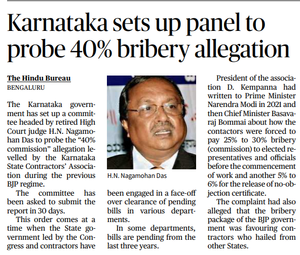 Karnataka <a href="/INCKarnataka/">Karnataka Congress</a> government sets up panel to investigate the 40% bribery allegation.

This panel will submit it's report on <a href="/BJP4Karnataka/">BJP Karnataka</a>'s pervious government led by <a href="/BSBommai/">Basavaraj S Bommai</a> and allegations involving 40% commission for government tenders

#BJPScams