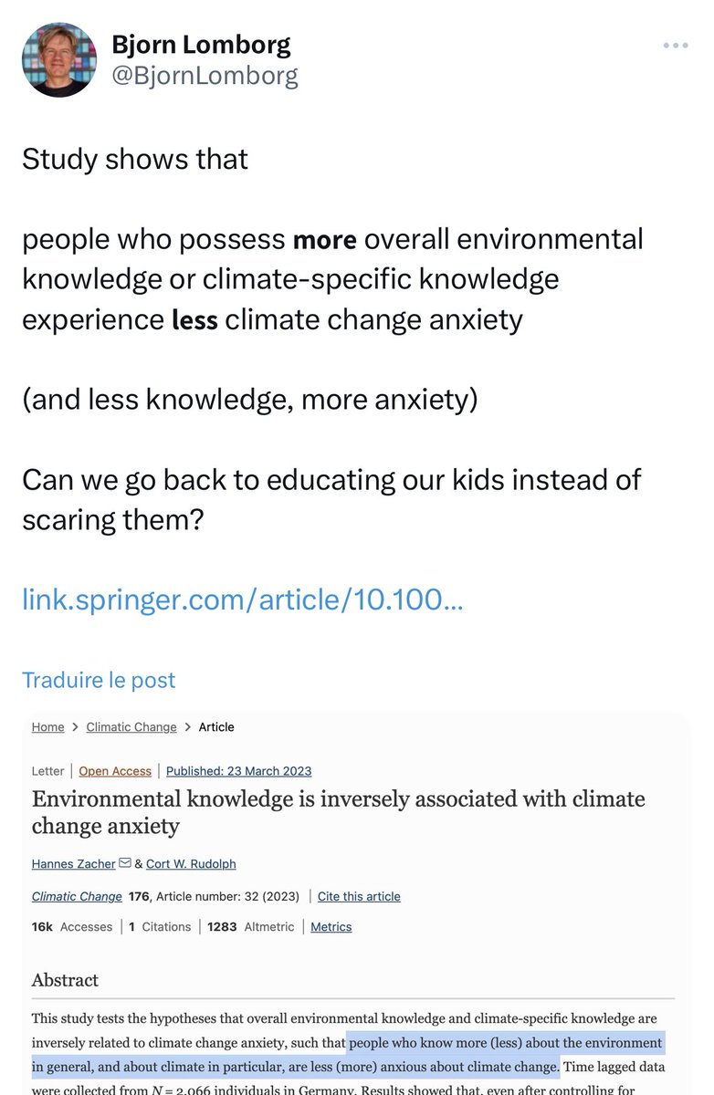 La nouvelle trouvaille du climatosceptique-puis-rassuriste Bjorn Lomborg?
Une étude publiée dans <a href="/ClimaticChange_/">Climatic Change Journal</a> qui montre que les personnes qui ont le moins de connaissances sur le climat ont le plus d’anxiété à son égard.

Sauf que…
🧵
1/
#Climat