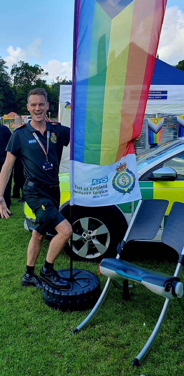 My final East of England #Pride event for 2023 and the legs are out in uniform for the first time - blame #Shortsgate and @HeyTomAbell! Great set up here at <a href="/HertsPRIDE/">Herts Pride</a> with <a href="/EastEnglandAmb/">EEAST Ambulance Service</a> and <a href="/EEAST_LGBT/">EEAST LGBT+</a>. Looking forward to a fab day.