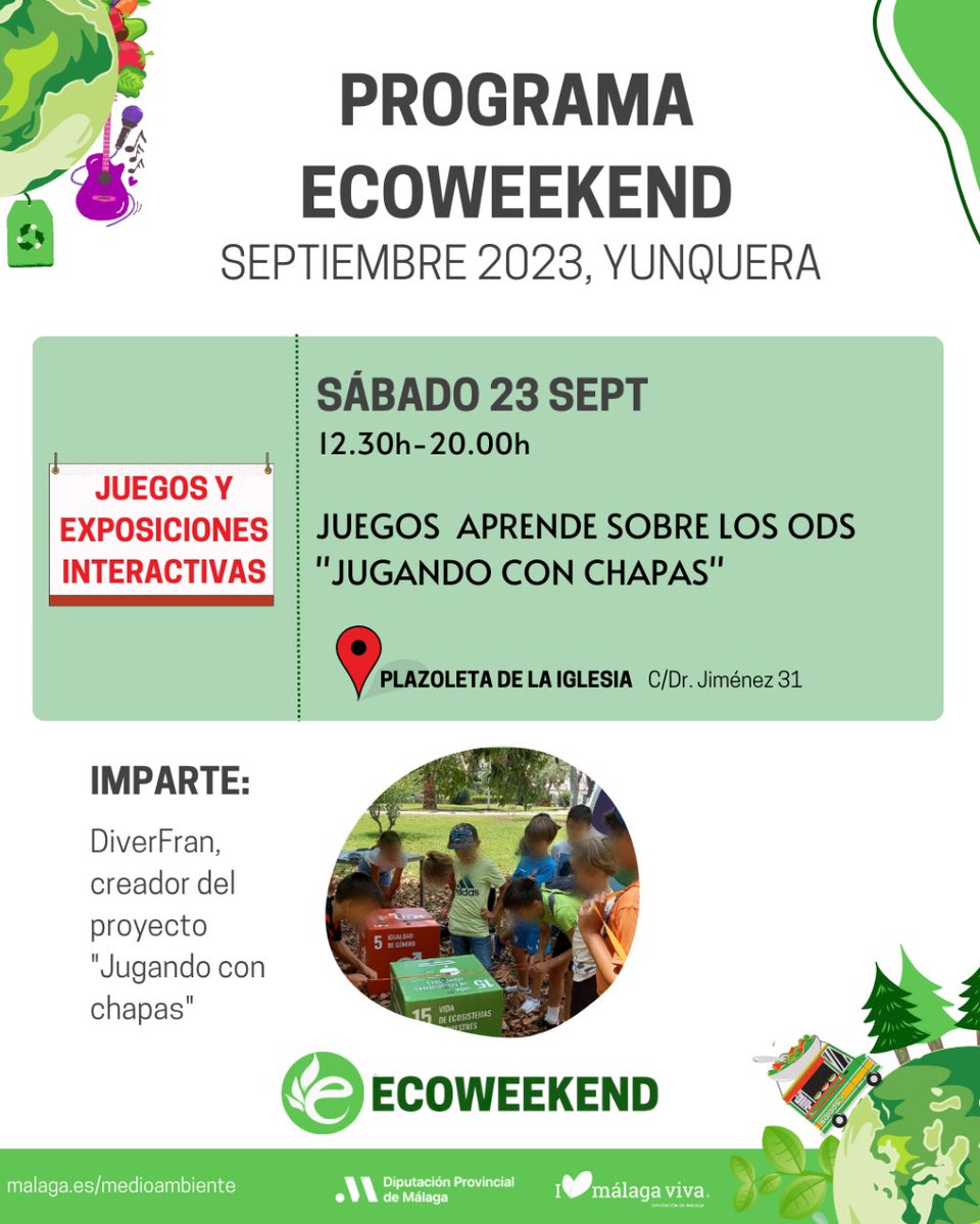 Malagamasviva's tweet photo. 🙌¡Diviértete y aprende sobre los Objetivos de Desarrollo Sostenible jugando con chapas!

📆Será el sábado 23 de septiembre en EcoWeekend Festival

🎉Una actividad apta para todas las edades ofrecida por DiverFran

👉https://t.co/PDmCOmHxj3

📍Yunquera
🎟 Entrada libre y gratuita https://t.co/mOZIROtBJF