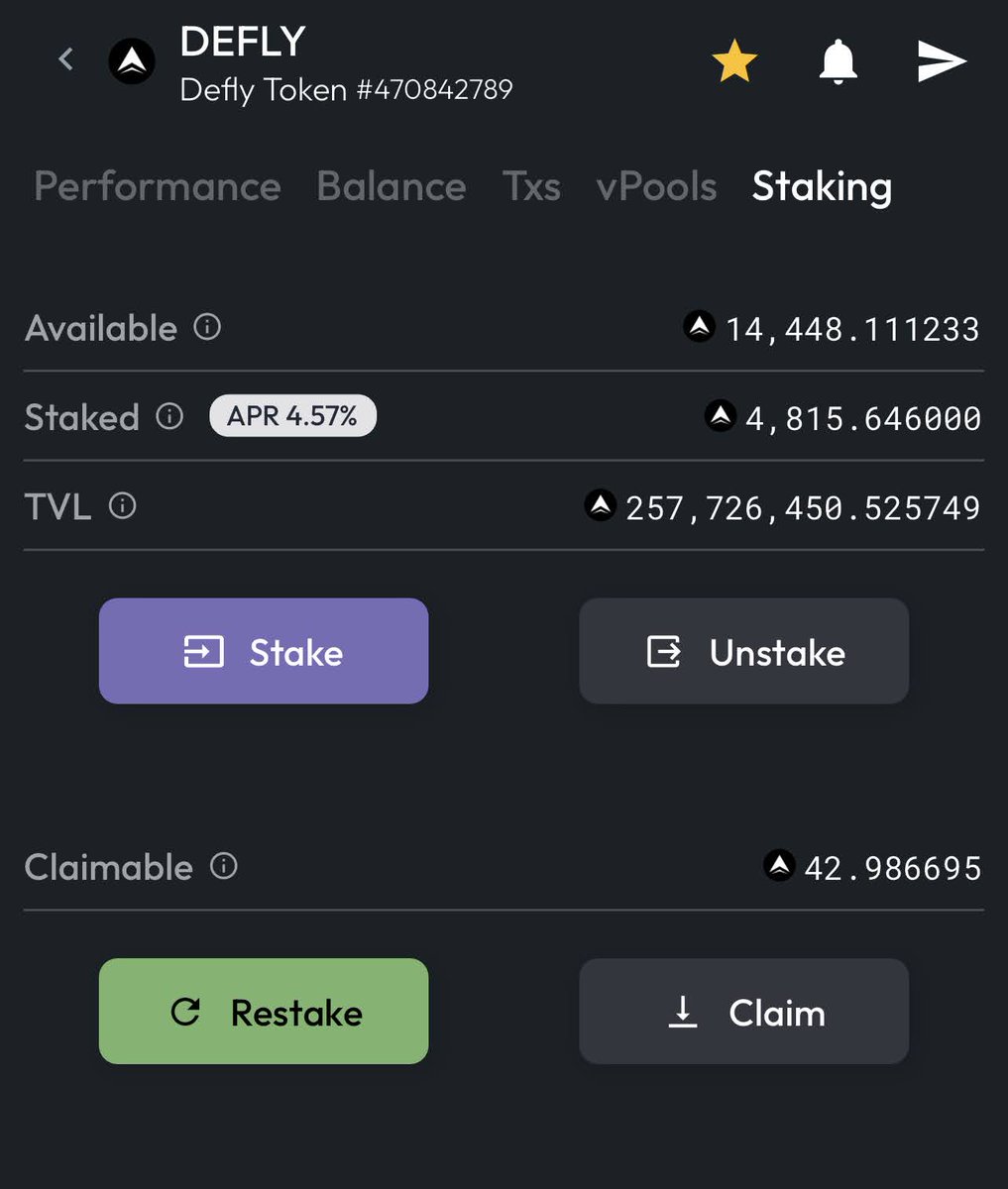 deflyapp's tweet image. /2 👉stake your $DEFLY directly in-app 🪙 Defly Wallet is the ultimate token swapping app on @Algorand ☀️😎 charts and swaps including #limitorders directly in-app. Fees as low as 0.08% when holding $DEFLY. Net-negative fees by #combogain and #deflexfi order routing 🚀