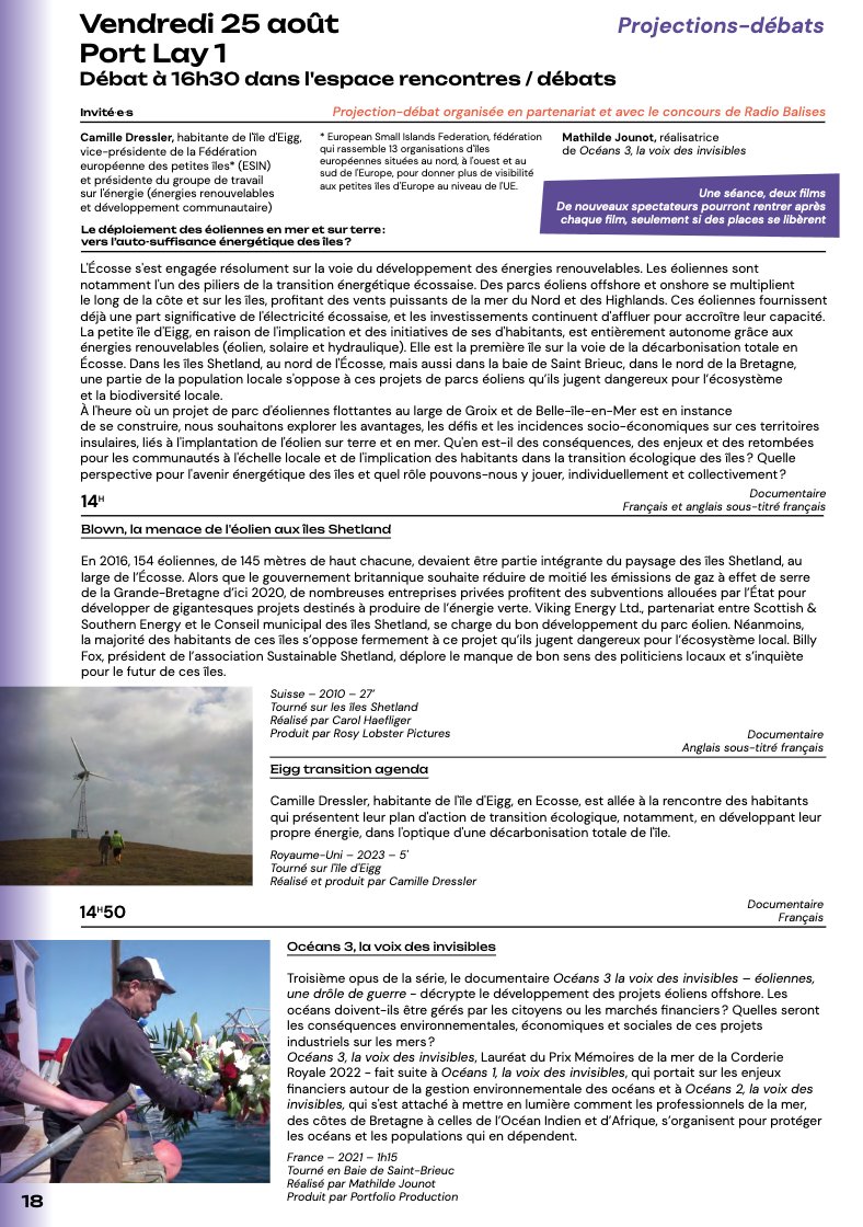 MathildeJounot's tweet image. Le déploiement des éoliennes, vers l’autosuffisance énergétique des îles ? Mythe ou réalité ? 🤔Débat autour du #film Océans 3 la voix des invisibles - éoliennes une drôle de guerre - le 25 aout au #FIFIG à #GROIX Suivi d&apos;une dédicace du livre Sandale au palais de Neptune !