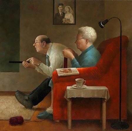 Marius van Dokkum is the artist …he knows older folk world because he isn’t  a spring chicken himself.  
The photo on the wall is of their marriage many years ago . Grandma is  knitting  Grandad has the remote . Looks like problems.   We don’t have a remote in the house no tv …