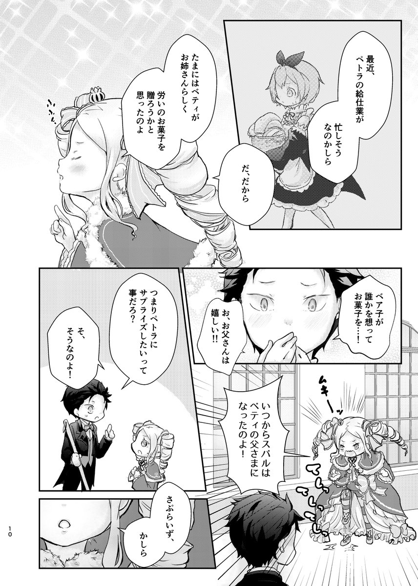 サンプル②コモ/漫画「Love so sweet」

ロズワールの邸宅で束の間の平和な日々を過ごすスバルたち。ある時、スバルはベアトリスからあるお願いをされる。
「お菓子作りを教えて欲しいのよ」 