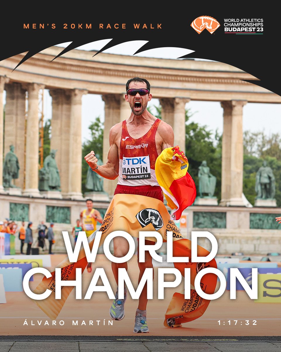 Campeón! All the glory goes to Spain in the men's 20km race walk as Álvaro Martín becomes the first champion of the #WorldAthleticsChamps Budapest 23 in a world-leading 1:17:32 🔥 🥈 @PersKarlstrom 🇸🇪 🥉 Caio Bonfim 🇧🇷