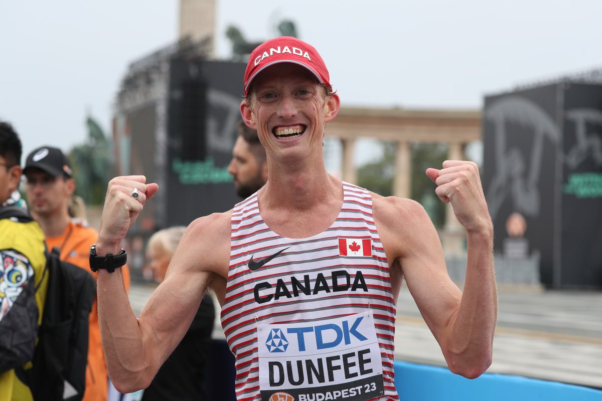 AthleticsCanada's tweet photo. Evan Dunfee kicks off #Budapest2023 with a new 🇨🇦 record in the Men’s 20k RW, with an official time of 1:18:03 and finishing in 4th place 💥 https://t.co/zU5HsdwIGR