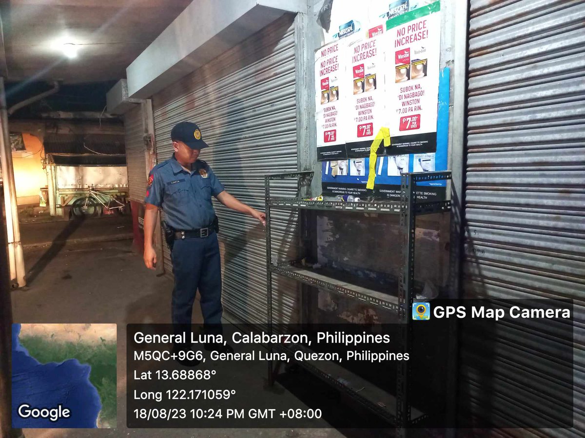 generalluna_mps's tweet photo. On August 18, 2023 from 10:24 PM onwards, personnel of General Luna MPS led by PSSg Herbert L Daria, Investigator conducts patrolling, inspection/visit of business establishment within Poblacion and Brgy San Jose of General Luna, Quezon. https://t.co/cLCquTIRdn