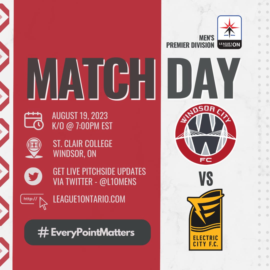It’s 30 minutes to kick-off here at St. Clair College Stadium.

<a href="/WinTFC/">Windsor TFC</a> host <a href="/ElectricCityFC/">Electric City Football Club</a> in Men’s Premier Division action.

#L1OLive #EveryPointMatters