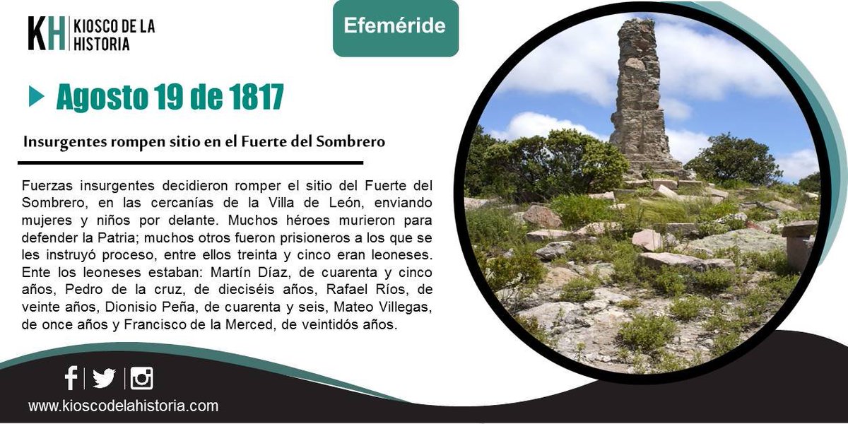 El #19DeAgosto de 1817m insurgentes rompen sitio en el Fuerte del Sombrero.
Más #Efemérides 👉 bit.ly/3OzK6uA