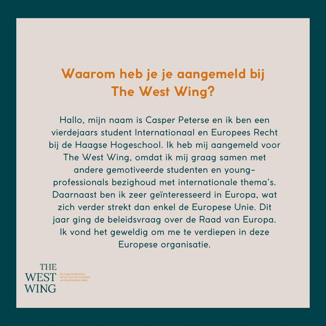 WestWingBZ's tweet photo. 👋 Meet &amp; Greet: Casper! Afgelopen jaar maakte Casper deel uit van de track DEU (Directie Europa). Hier peinsde hij over de toekomst van Europa! 🇪🇺 Graag vertelt hij over zijn ervaring bij The West Wing! Benieuwd? Swipe dan naar rechts! 👉

#Vacature #TheWestWing #Beleidsadvies https://t.co/7hGfMUed11