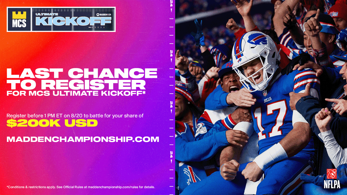 EAMaddenNFL_MCS's tweet photo. Last chance to register for the #Madden24 Ultimate Kickoff before the ladder starts at 1PM ET 🕐 

Register &amp; play at least one ladder game to earn a Red Zone pack for your @EASPORTS_MUT team 🏈 

Registration: https://t.co/xhMuHCjjEk https://t.co/jWkaWt4OVI