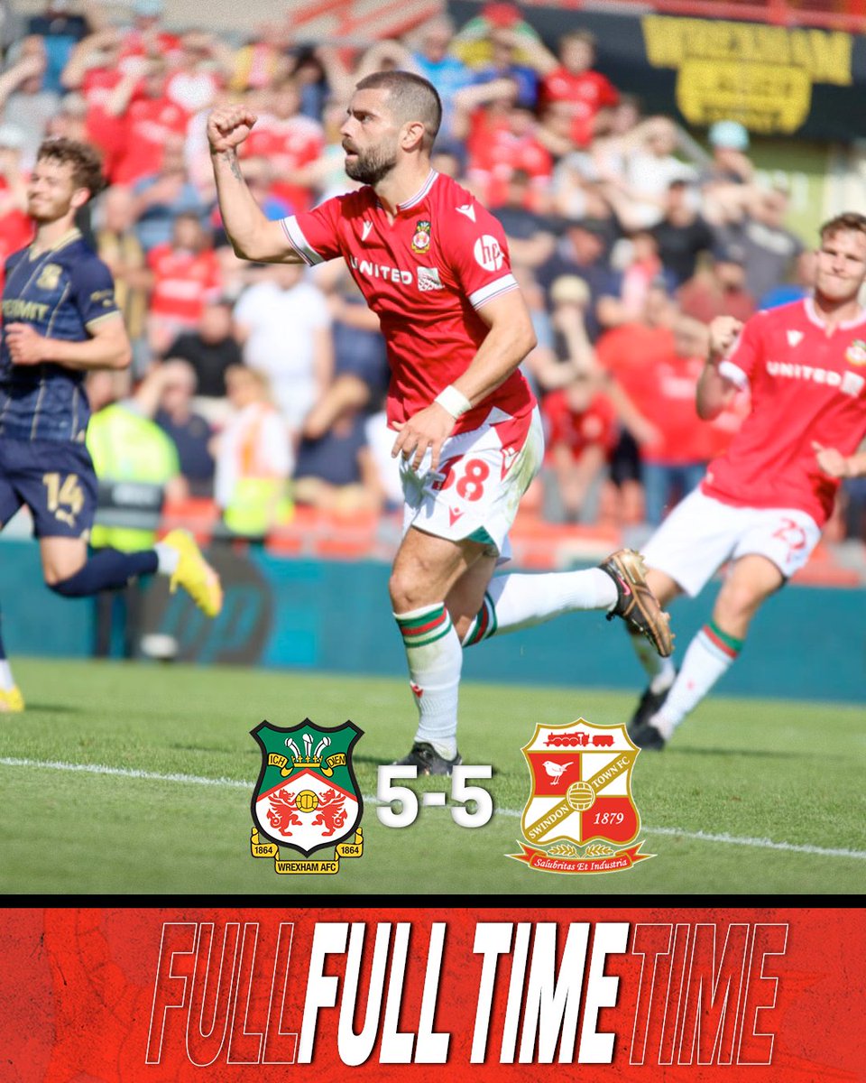 Wrexham_AFC's tweet photo. FULL TIME | Wrexham AFC 5-5 Swindon Town

🔘 We fight back to win a point!

🔴⚪️ #WxmAFC https://t.co/rDiZcT3NgE
