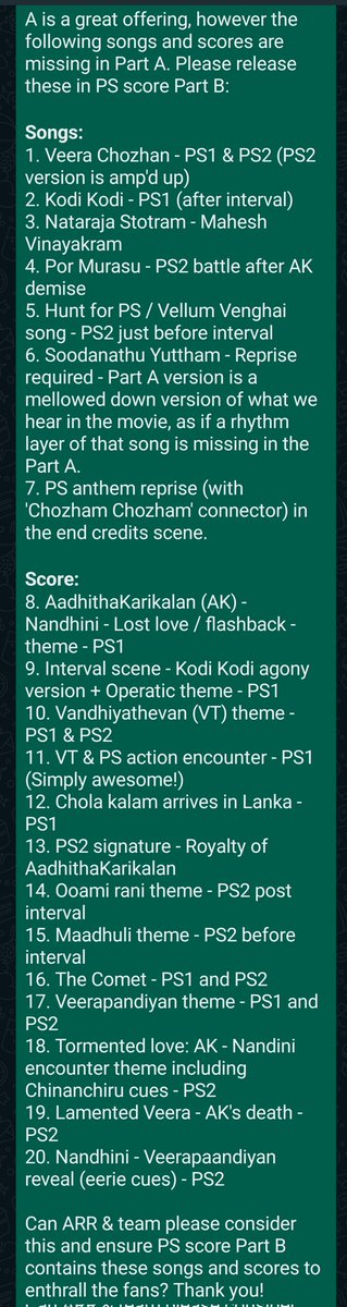 TulsiTweets's tweet photo. @arrahman There are several, it's difficult to choose one. Armageddon is power-packed, Saaya Sanjale extended version is sheer beauty, Soodanathu Ratham is rustic (genius humms vocal), paandiya oath packs revenge. Overall terrifc score boss. *Please release the following tracks in Part B* https://t.co/M6UODVpT8k