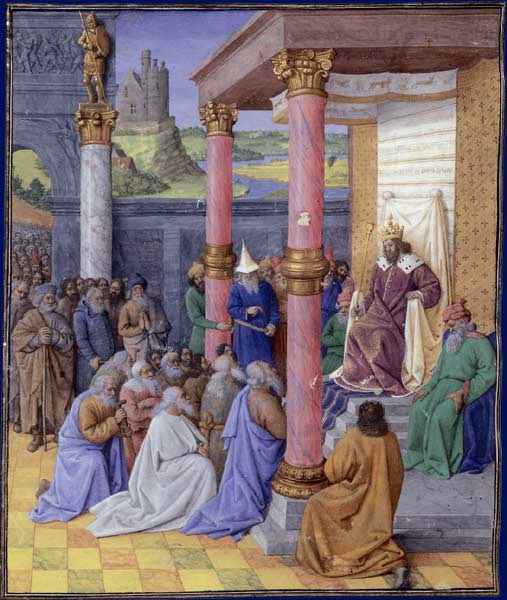 Cyrus the Great liberating the Jews from the Babylonian captivity to resettle and rebuild Jerusalem in 538 B.C. 

Illustration by Jean Fouquet in 1470