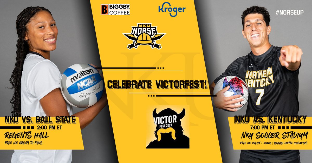 NKUNorse's tweet photo. Celebrate 𝗩𝗜𝗖𝗧𝗢𝗥𝗙𝗘𝗦𝗧 with the 𝗡𝗢𝗥𝗦𝗘‼️

Do we have a Saturday planned for you! 🥳

👉 @NKUNorseVB 🆚 Ball State
2 PM ET | Free 🍨

👉 @NKUNorseSOC 🆚 Kentucky
7 PM ET | Free 🍨 + 🍕 + ☕️

👉 Glow and Foam Party
9 PM ET | Hosted by @APBNKU

@nkuedu | #NorseUp https://t.co/aeA8zVdW5z