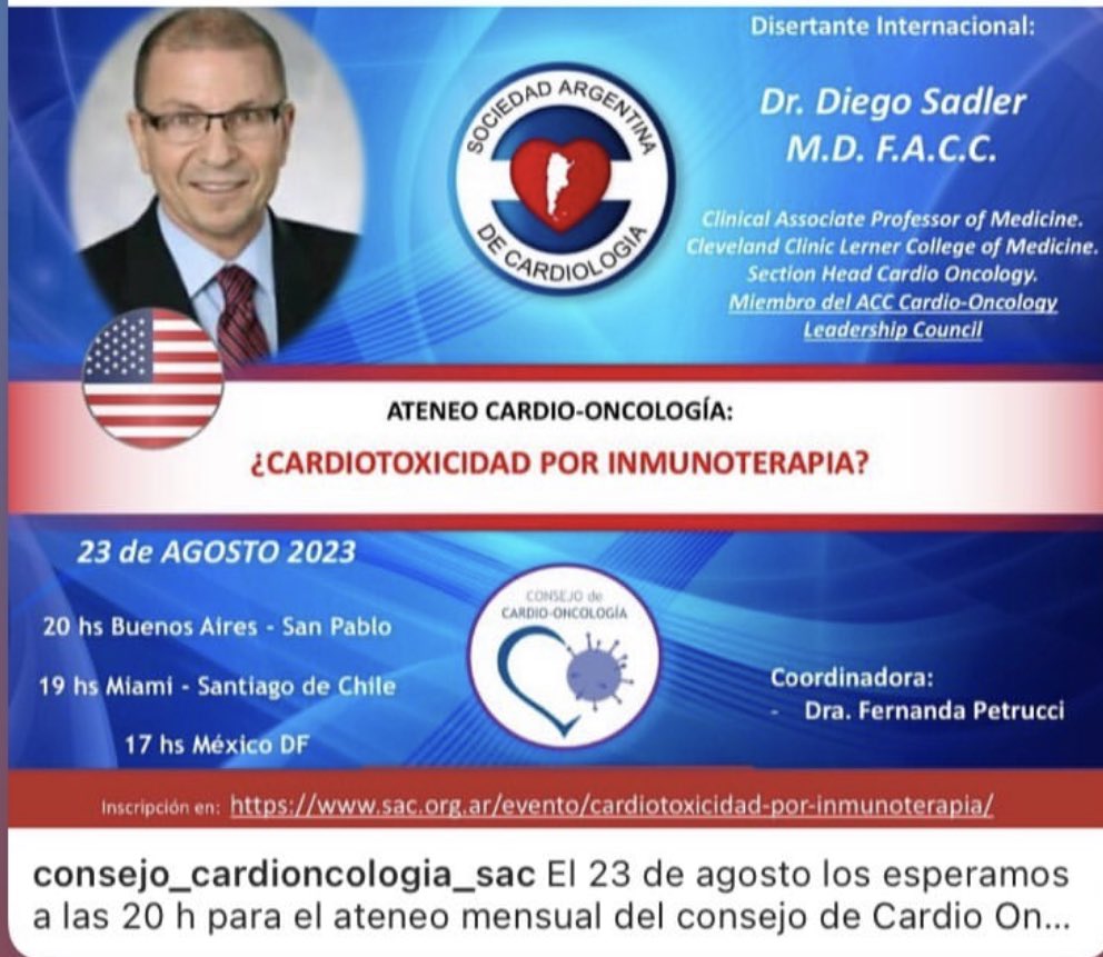 CardiOncoSAC's tweet photo. 🔔 🔜ATENEO : 👀 🗓️MIERCOLES 23/8 ⏰20 hs “cardiotoxicidad por inmunoterapia”🎤Dr Sadler @DSadlerMD Te esperamos 📌 https://t.co/lBGTX9VYyJ @SAC_54 #inmunoterapia #toxicidad #cancer #cardiooncologia @karina92884838 @MakhoulSilvia @gambarte_jimena @natalia_zareba @Ritabt https://t.co/vYLwQTqGq7