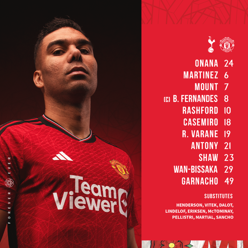 ManUtd's tweet photo. Erik names an unchanged starting XI for our first away day of the season! 🔴

#MUFC || #TOTMUN