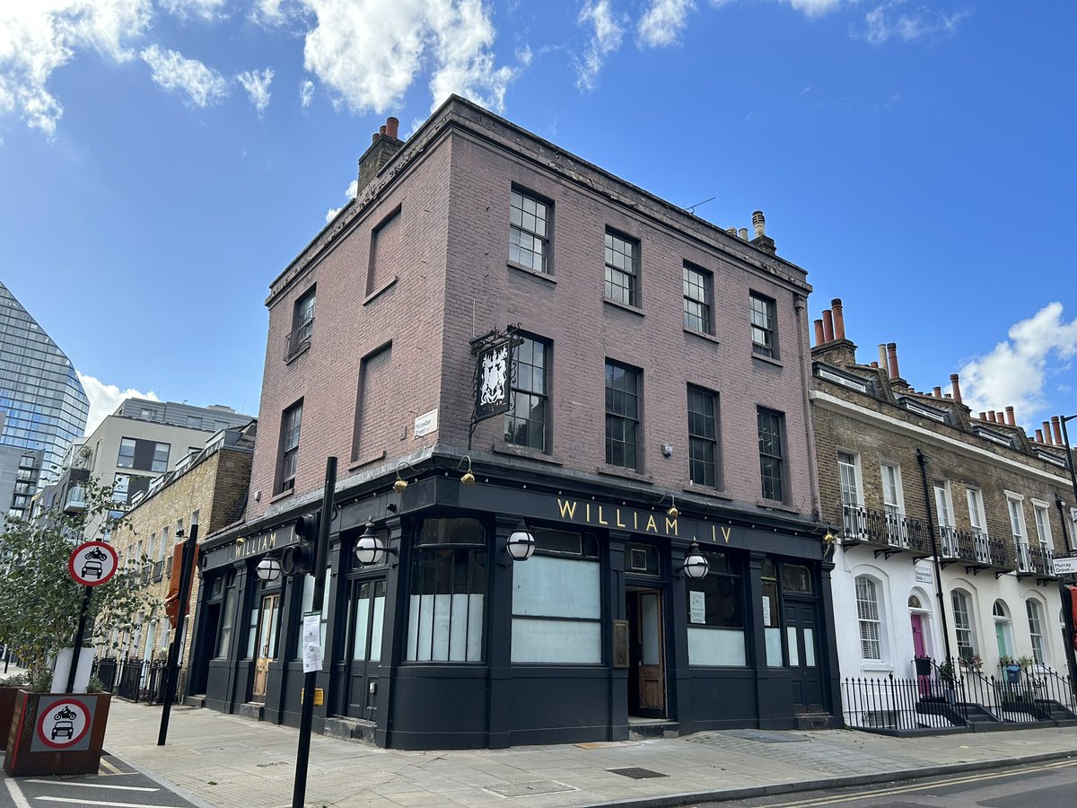 PubsSaving's tweet image. Great to see William IV #pub on Shepherdess Walk #n1 will be reopening! No date confirmed. Works going on inside pub this afternoon. Shame planning permission was granted to convert function room on first floor to residential. Charrington’s  lanterns survive. #pubsreopening