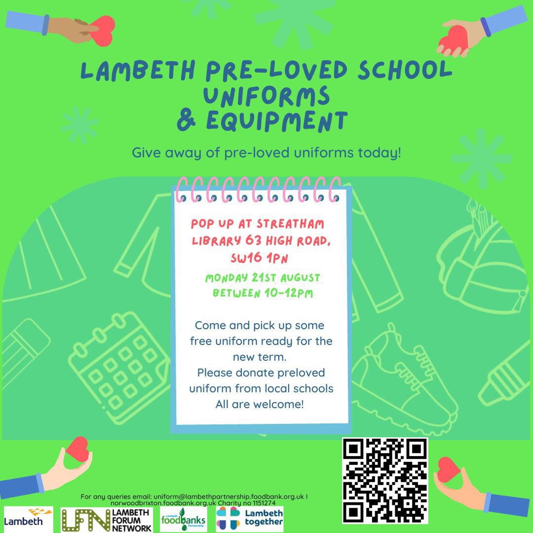 Do you or someone you know need help with getting your children kitted out for the new school term?

Come to our next free school uniform/supplies pop up hub this Monday @streathamlib 10-12pm

Donating? We need @Dunraven_School uniform & @SunnyhillSW16 girls cardis.