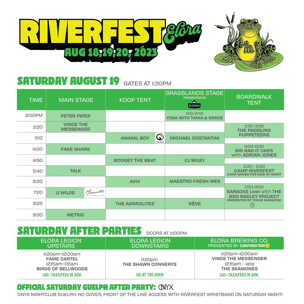 Riverfest Elora (@riverfestelora) on Twitter photo Let’s do it again! 🐸 Hop on over to Bissell Park for another fabulous day of music with <a href="/Metric/">M E T R I C</a> <a href="/jjwildechild/">JJ Wilde</a> <a href="/iamtalk/">TALK</a> <a href="/AggrolitesOG/">TheAggrolitesOG</a> <a href="/FakeShark/">Fake Shark</a> <a href="/MaestroFreshWes/">COACH FRESH</a> <a href="/BirdsBellwoods/">Birds of Bellwoods</a> <a href="/itsaviv_/">AVIV</a>
Gates open at 1:30PM. Can’t wait to boogie with you. 🎉 Let’s do it again! 🐸 Hop on over to Bissell Park for another fabulous day of music with <a href="/Metric/">M E T R I C</a> <a href="/jjwildechild/">JJ Wilde</a> <a href="/iamtalk/">TALK</a> <a href="/AggrolitesOG/">TheAggrolitesOG</a> <a href="/FakeShark/">Fake Shark</a> <a href="/MaestroFreshWes/">COACH FRESH</a> <a href="/BirdsBellwoods/">Birds of Bellwoods</a> <a href="/itsaviv_/">AVIV</a>
Gates open at 1:30PM. Can’t wait to boogie with you. 🎉