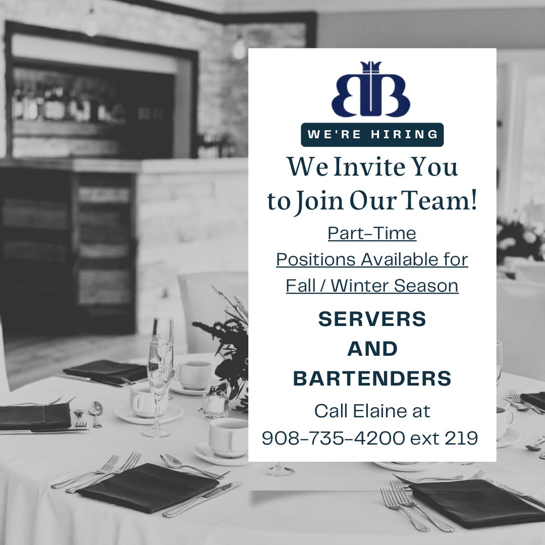 We’re now hiring Part-Time Servers and Bartenders 
Night and Weekend hours available. 
competitive wages, employees receive discounted rates on golf, employee outings etc. 
Call Elaine at 908-735-4200 ext 219 Send your resume to eoconnell@beaverbrookcc.com