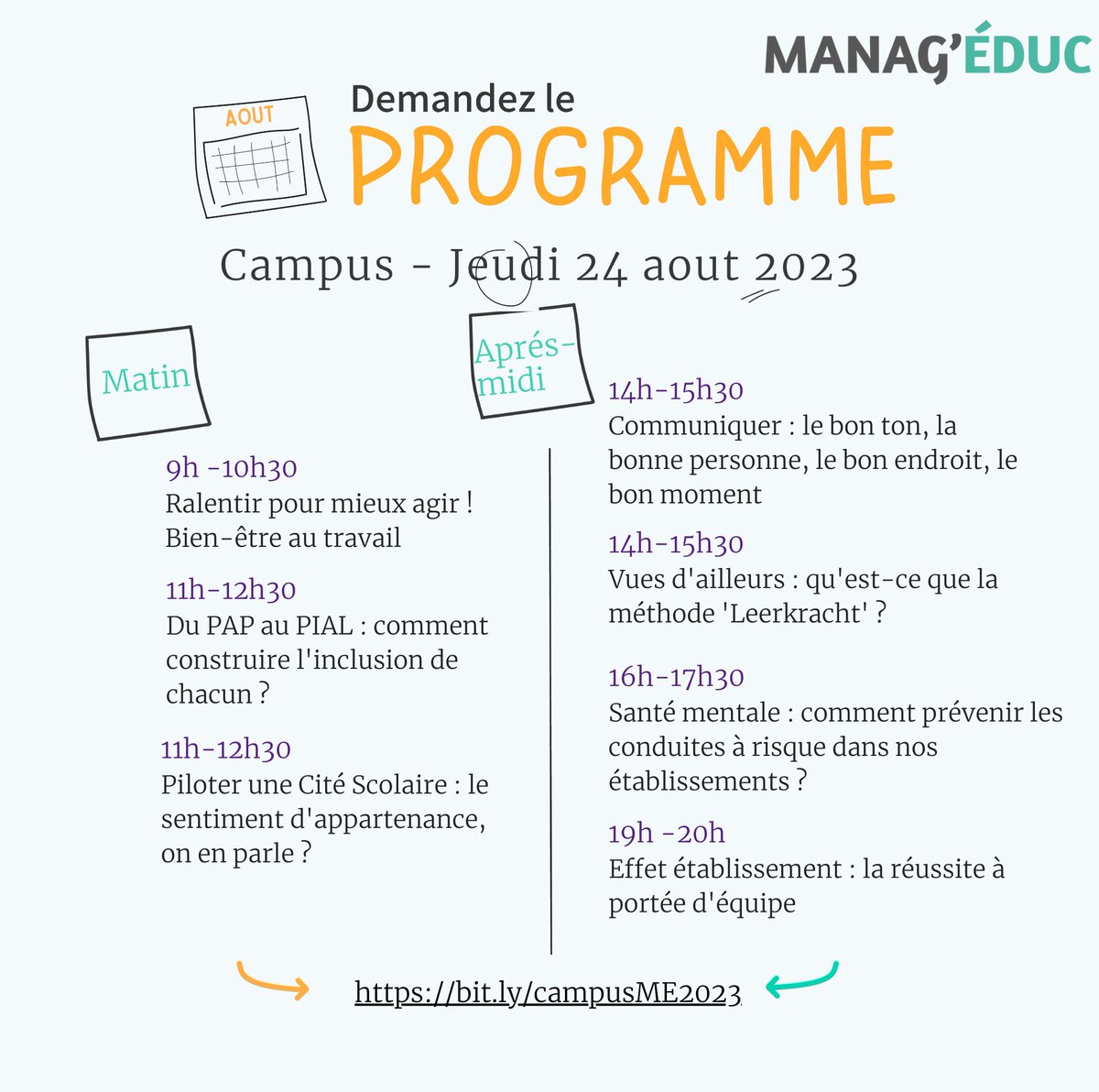 djaftat's tweet image. 🗓️ #PERDIR 23 et 24 Août 2023
13 webinaires et ateliers thématiques sur @ManagEduc 
👉 ecolhuma.notion.site/Campus-ManagEd…