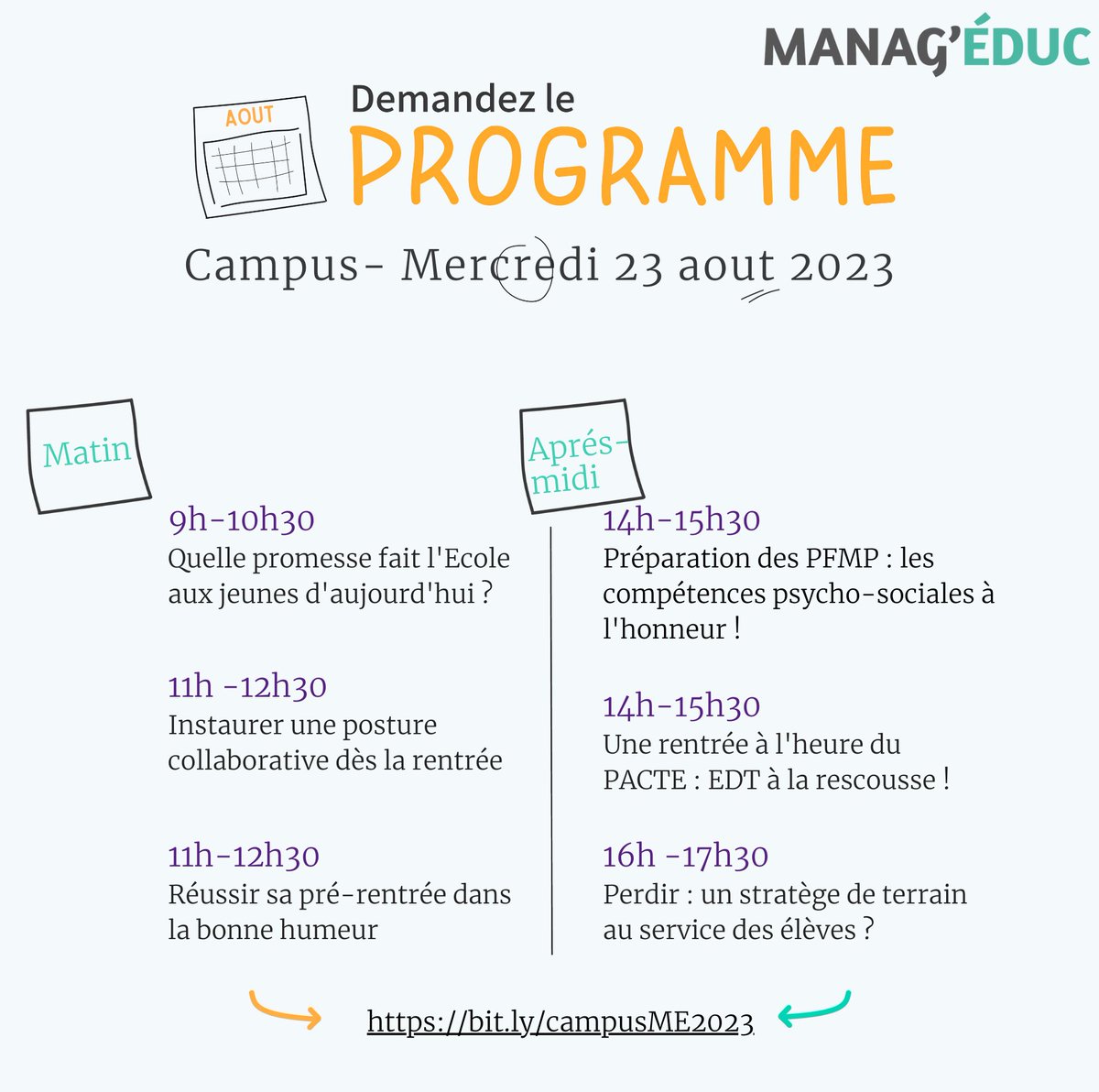 djaftat's tweet image. 🗓️ #PERDIR 23 et 24 Août 2023
13 webinaires et ateliers thématiques sur @ManagEduc 
👉 ecolhuma.notion.site/Campus-ManagEd…