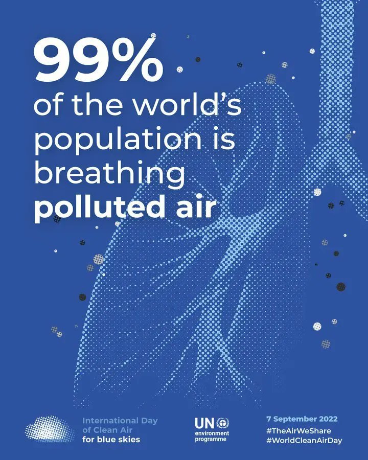 Air pollution affects 99% of the world's population, resulting in terrible consequences, including 7 million premature deaths each year.

Help protect #TheAirWeShare
#Staywell 
#AirPollution