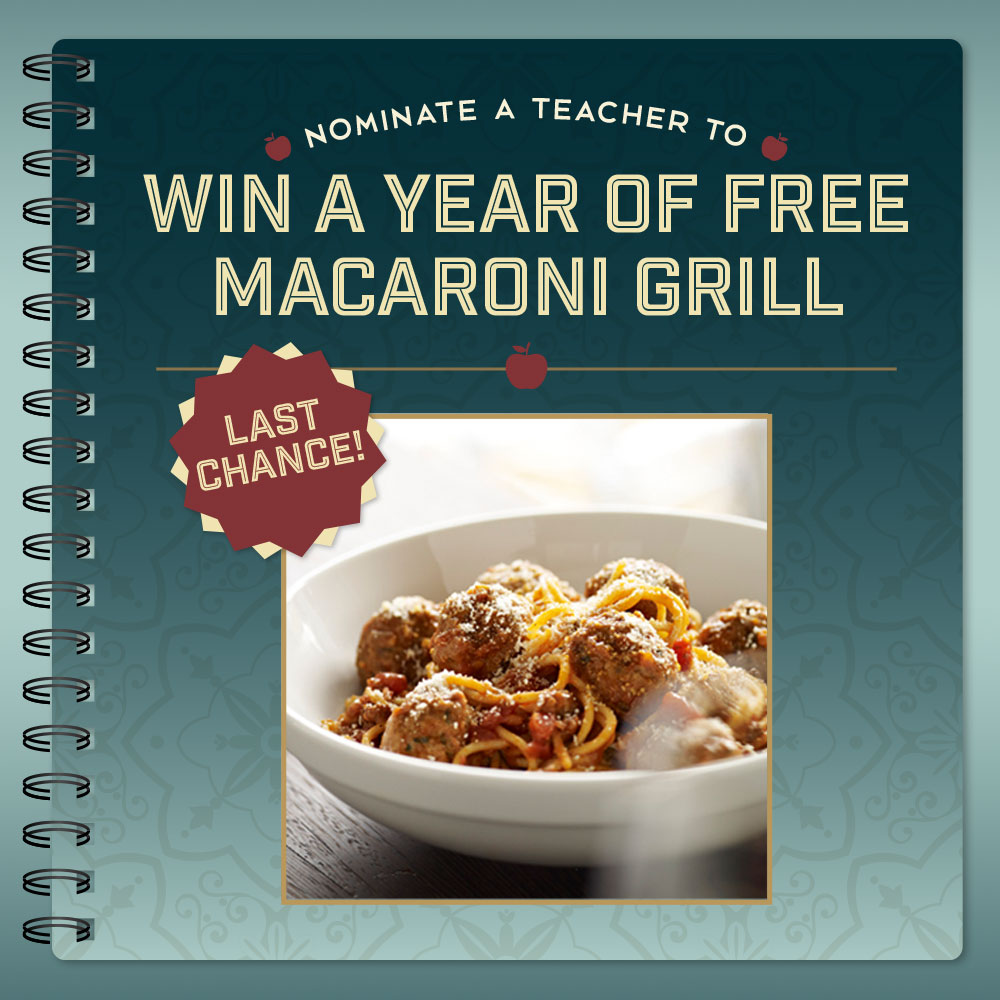 Last chance to enter! We want to hear about your favorite teacher! Tell us about a teacher special to you, and they could win Macaroni Grill for a year! Enter online at: MacaroniGrill.com/TeacherSweepst… #MacGrillGratitude
