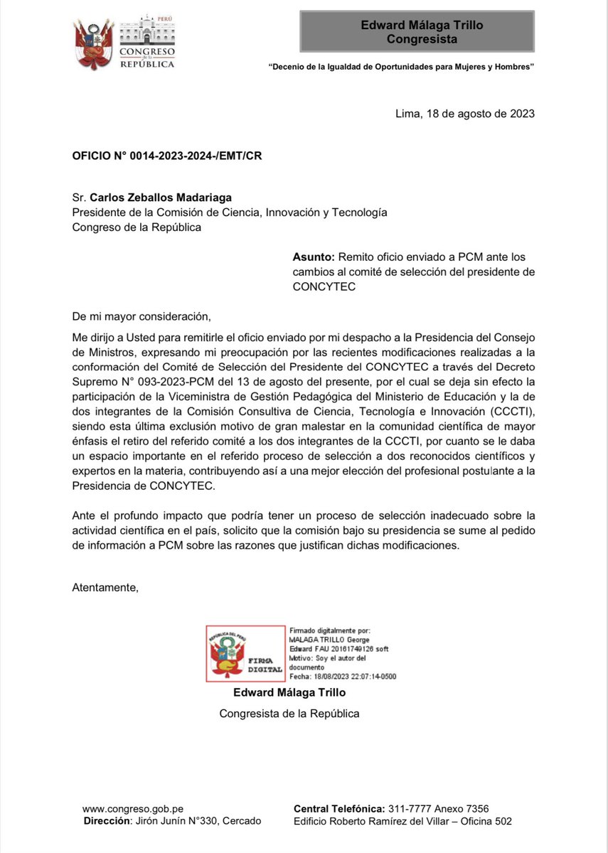 Comparto oficio enviado ayer al PCM <a href="/AlbertoOtarolaP/">Alberto Otárola</a> con cc a la Pdta Boluarte y al Pdte de la Com de Ciencia del Congreso, sobre los cuestionados cambios al comité de selección del Pdte de CONCYTEC, institución que debería ser parte del debate, informando y sentando posición.